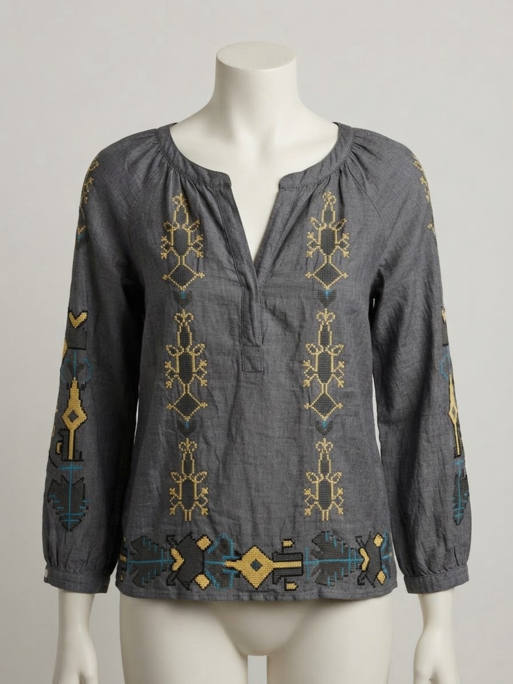 ivy jane Gray Embroidered Peasant Blouse with Gold & Teal Motifs